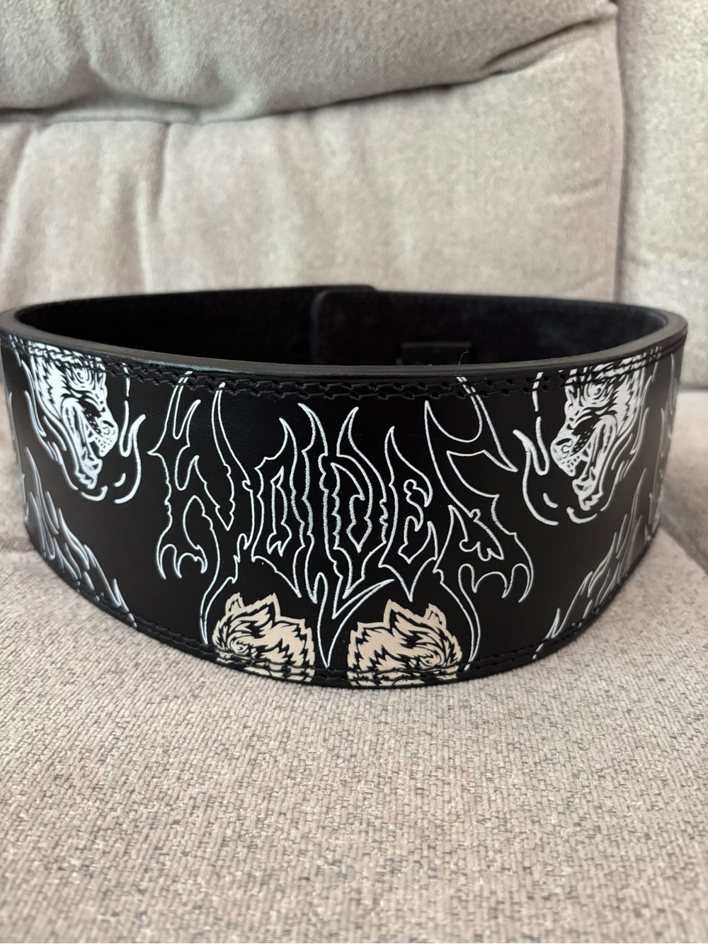 Darc Sport Black Leather Weightlifting Belt with White Tribal Wolves